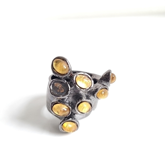 Yves Saint Laurent Gunmetal Arty Yellow Stone Dots Ring Rare & Authentic Size 7 - Picture 4 of 11